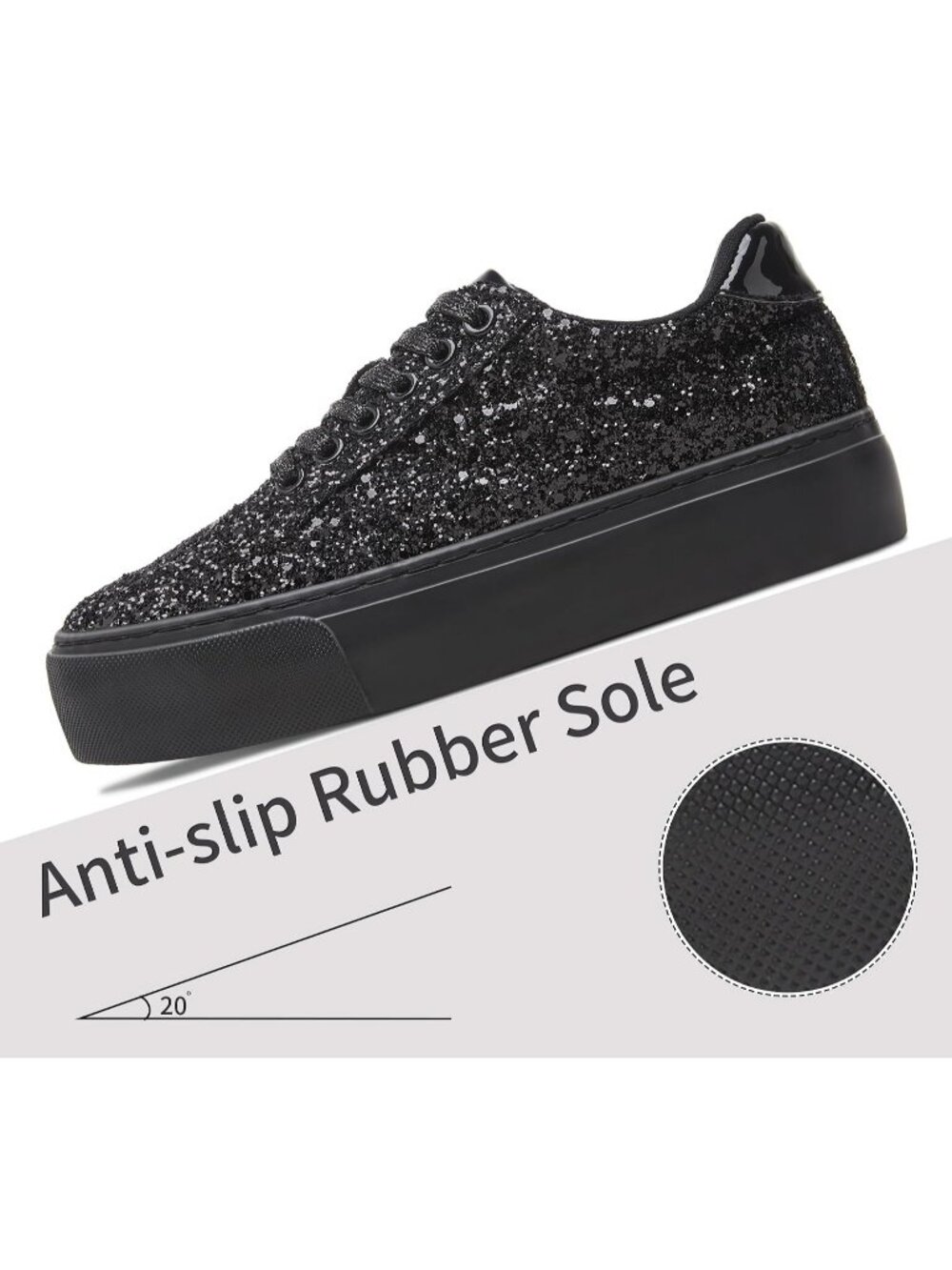 Women's Black Glitter Casual Sequin Sparkly Bling Thick Sole Walking Sneakers - Picture 4 of 6